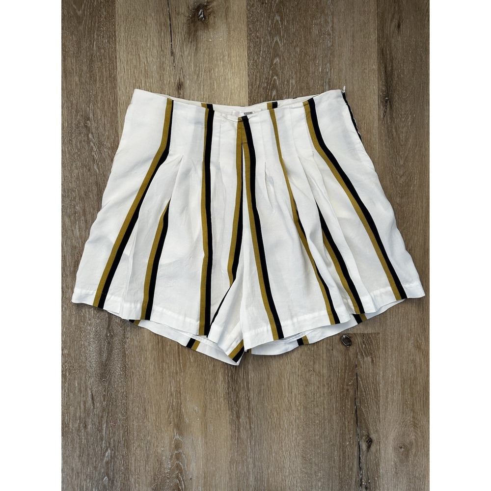 Sancia Linen Blend Pleated Shorts Womens M White Stripe Resort Coastal‎